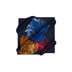 Navy Blue Silk Crepe Satin Square <b>Scarf</b> with Digital Floral Print - Product Image 1
