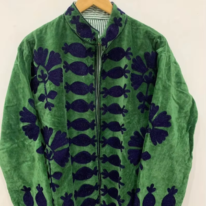 Green Velvet Suzani Embroidered Short Jacket Short Floral Jacket Boho Style Street Fashion <b>Quilted</b> Coat - Product Image 1