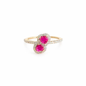 Bague en or pur 14 carats avec halo de rubis double cœur certifié IGI, bague de fiançailles romantique en diamant de laboratoire, bague de promesse pour elle - Product Image 1