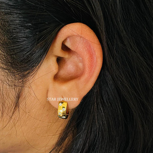 14K Solid <b>Gold</b> Flush Set Natural Diamond <b>Hoop</b> Fine Jewelry. - Product Image 1