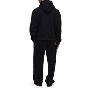 Rhinestone Letter Pullover Hoodie for <b>Men</b> Cotton <b>Fleece</b> Streetwear Contrast Sleeve Design OEM Manufacturing Wholesale <b>Black</b> - Product Image 2