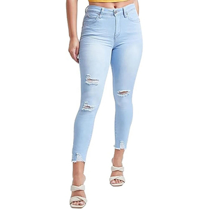 OEM Custom Women's Denim Pant for Winter Distressed Blue Denim Jeans with <b>Lace</b> up Decoration Loose <b>Stretch</b> Pants for Ladies - Product Image 1