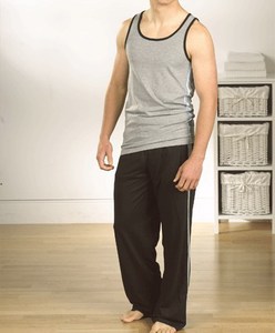 <b>Men's</b> Casual Style 100% Cotton Striped Breathable Knitted <b>Short</b> Sleeve Vest Top & Long Pant <b>Pyjamas</b> - Product Image 1