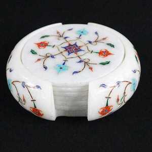 ANURAG HANDICRAFT - Posavasos de Mármol Blanco Natural con Incrustaciones Florales, Juego de Posavasos Hechos a Mano, Decoración Moderna para Mesa de Hogar - Product Image 1