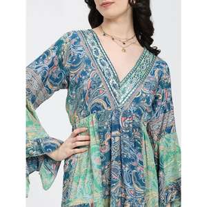 Vestido Largo Estampado Azul Verde para Mujer, Cuello en V Profundo, Estilo Bohemio, con Mangas de Campana - Product Image 3