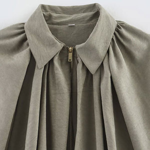 Chaqueta de moda informal para mujer, cuello vuelto, manga larga, pliegues, Color sólido, transpirable, cierre de cremallera, tejido de poliéster para primavera - Product Image 3