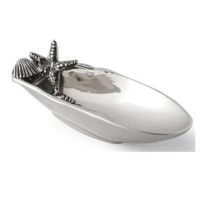 Plat ovale élégant en aluminium argenté avec détails de coquillages étoiles de mer, idéal pour salades et fruits lors de réceptions contemporaines - Product Image 1