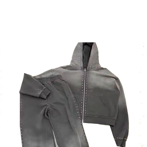 Ensemble de survêtement unisexe personnalisé en coton épais avec strass, pantalon de jogging et sweat à capuche, délavage acide, style streetwear hiver 2025 - Product Image 2