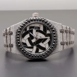 Custom Made <b>Men's</b> Party Wear <b>Watch</b> Unique Style Black & White Moissanite with Stainless Steel Iced Quartz Movement ODM Supply - Product Image 5