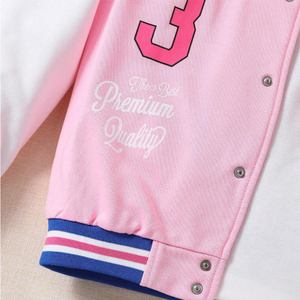 <b>Pink</b> White Varsity <b>Jacket</b> Women's Baseball Style Letter B Patch Design Full Sleeve Embroidered Stars Cotton Polyester Mix - Product Image 5