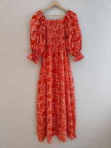 Vestido de Mujer, Vestido Largo de Algodón con Estampado a Mano, Vestido Largo con Escote Cuadrado y Fruncido, Vestido de Verano de Algodón - Product Image 6