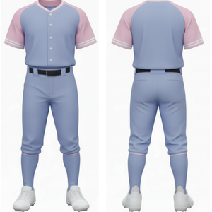 Uniforme de Béisbol Raglán Azul Claro y Rosa con Logotipo Personalizado, Jersey Deportivo Sólido con Pantalones Deportivos - Product Image 1