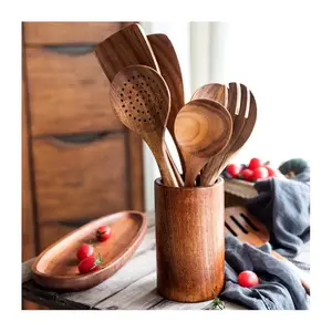 Biodegradable wooden kitchen wares set cooking utensil acacia wooden cheap price cookware tools wholesale