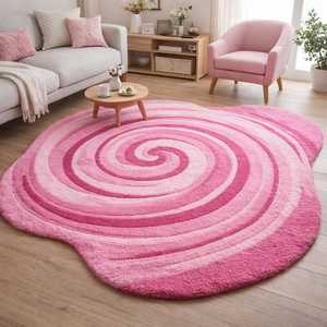 Alfombra Redonda en Espiral Rosa Oscuro, Alfombra de Lana Anudada a Mano, Alfombra Moderna Abstracta con Remolinos, Pelo Alto y Bajo Suave para Sala de Estar, Alfombra con Aspecto 3D - Product Image 2