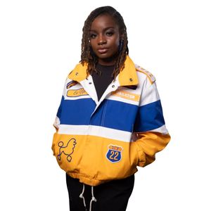Giacca SGRHO stile auto da corsa In poliestere blu e oro capispalla leggero per eventi di confraternite e uso Casual - Product Image 1