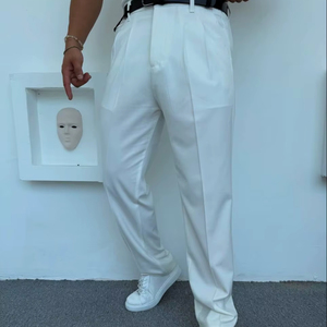 Pantalon de bureau élégant stretch de grande taille pour hommes, bleu marine, taille moyenne, élastique, fermeture éclair, braguette droite, coton Hip Hop - Product Image 1