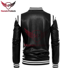 Chaqueta Varsity de Cuero Genuino para Hombre, Chaqueta Bomber de Béisbol Negra y Blanca con Cierre, Ropa Exterior Casual de Cuero - Product Image 3