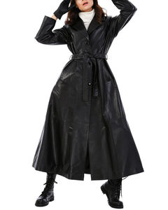 Classic <b>Black</b> Real Sheep Leather Men's Fleece Jacket Long <b>Button</b> Closure Lapel Collar Belted Faux Fur Lining Breathable - Product Image 3