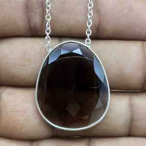 Plata de Ley 925 facetado cuarzo ahumado piedra preciosa hecho a mano diseñador forma ovalada collar de cuerda joyería fina para boda - Product Image 5