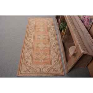 Vintage Turkish Rug 2.6x6.1ft Orange Beige Large Area Woolen Patchwork Rectangle Abstract Pattern Latex for Hallway Room Rug - Product Image 1