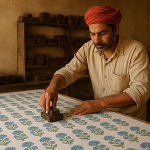 Bolso de tocador de algodón con estampado de bloque de mano, diseño acolchado con cremallera, almacenamiento espacioso portátil reutilizable para cosméticos, viajes, uso diario - Product Image 4