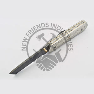 มีดพกพับเหล็กดามัสกัสทำด้วยมือสำหรับ100% ความหนา4มม. ด้ามจับทองเหลืองปรับแต่งได้สำหรับการล่าสัตว์ - Product Image 3