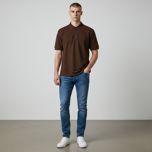 Polo à manches courtes pour homme, couleur unie marron, style décontracté, coupe classique, boutons - Product Image 1