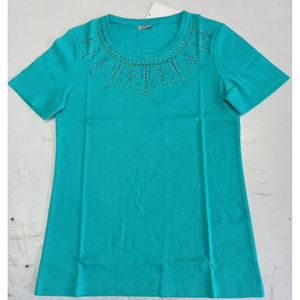 T-shirt en jean vintage 100 % coton peigné pour femme, motif uni imprimé, col rond, coupe droite, manches courtes, longueur mi-longue, teinture unie - Product Image 1