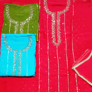 Designer moderne non cousu brodé à la main indien mode avant costumes pour femmes matériel en organza pour les fêtes de style traditionnel - Product Image 1