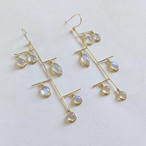 Bridesmaid Jewelry <b>Long</b> Pair Minimalist Moonstone Hanging <b>Earring</b> Solid Brass Gold Plated Mix Shape Birthstone Bezel Set <b>Earring</b> - Product Image 3