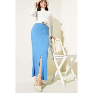 Falda de punto índigo para mujer con abertura en la cintura elástica cómoda falda suéter - Product Image 3