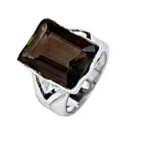 Women's Handmade Boho <b>Statement</b> <b>Ring</b> 925 <b>Silver</b> with Smoky Quartz Square Topaz Stone Platinum Cut Gift Jewelry - Product Image 2
