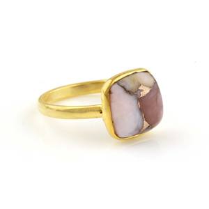 Venta caliente 12mm Rosa ópalo cobre piedra curativa bisel 18K chapado en oro minimalista cojín anillo para mujeres 925 Plata joyería fina - Product Image 2