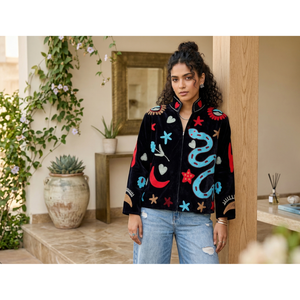 Serpente Suzani Hand-Embroidered <b>Reversible</b> <b>Jacket</b> Satin Leather Outerwear Linen Nylon Cotton Polyester Boho for Spring Autumn - Product Image 1