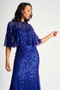 Robe maxi cape bleu royal avec broderie et décoration de sequins, robe de soirée élégante et élégante, taille naturelle - Product Image 3