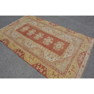 Tapis Vintage Turc Bohème Orange Jaune Laine 4.6X7.8 pieds Patchwork Design pour Entrée ou Bedside-9x12 Modèle Rectangle - Product Image 4