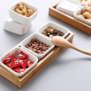 Plateau à collation en bambou en céramique fabriqué à la main bol à dessert aux fruits secs multi-compartiments pour la cuisine - Product Image 1
