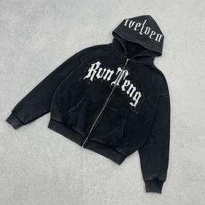 400gsm Heavyweight Vintage Acid Wash Zip Up Hoodie Mens Boxy Cropped Distressed Bordado Patch Hoodie - Product Image 6