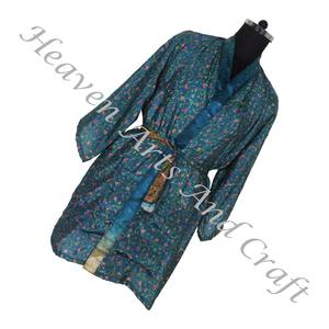 KS009 Beautiful Vintage Silk Sari Vintage Kimono Short Vintage Silk Sari Silk Hand Made <b>Women</b> <b>Robes</b> With Pockets and Belt OEM - Product Image 5