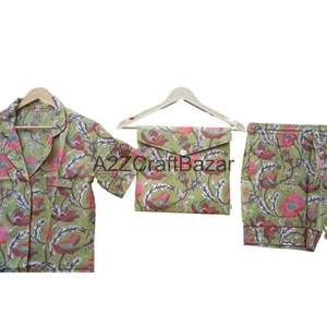 ชุดนอน3ชิ้นลายดอกไม้สำหรับผู้หญิงชุดนอนเอวยางยืดแขนสั้นแบบอินเดียสำหรับฤดูร้อน - Product Image 4