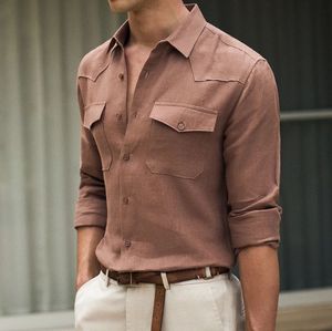 Camisa de lino irlandés puro 100% con doble bolsillo marrón, camisa de manga larga con cuello vuelto, estilo Vintage de oficina y negocios para hombre - Product Image 1