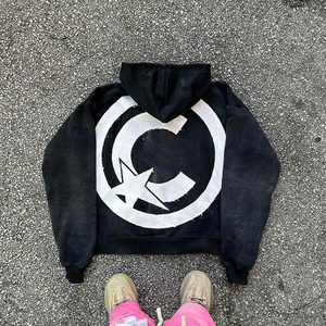 <b>Black</b> <b>Zip</b> Up <b>Hoodie</b> with Bold White Lettering Streetwear Style Comfortable Casual Outerwear Distressed Applique Patch Embroidery - Product Image 2