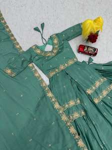 Set Salwar Sutra Chinon Hijau Teal Bordir, Laris Manis, Bahan Stretchable Anti Kusut untuk Wanita, Pakaian Pesta, Etnik, dan Pengantin - Product Image 5