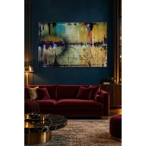 Impression sur toile abstraite Fida Mustard et bleu pétrole avec effet de peinture fluide - Product Image 2