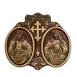Arte Mural de Madera del Sagrado Corazón de Jesús y Marí<span class=keywords><strong>a</strong></span>, Placa Cristiana de Doble Relieve con Cruz, Decoración de Bendición para el Hogar Tallada <span class=keywords><strong>a</strong></span> Mano - Product Image 1