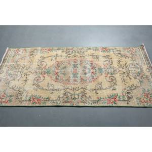 Tapis turc vintage de 29x64 pieds, tapis en laine tissé plat beige et vert avec support en latex pour décorations de salon - Product Image 3