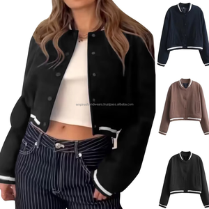 Chaqueta Bomber de Lana para Mujer, Más Vendida, Relleno de Algodón, Resistente al Viento, Estilo Universitario Gris, Ribete en Contraste, Botones a Presión Dorados - Product Image 5