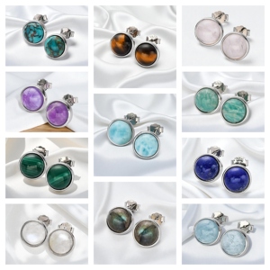 Boucles d'oreilles rondes en argent sterling 8 MM Larimar Gemstone Collet Studs pour vrac - Product Image 2