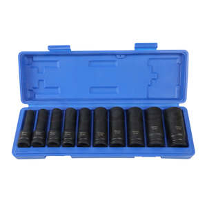 Jeu de douilles à chocs profondes 10 pièces, entraînement 1/2 pouce, Cr-Mo, finition noire, coffret moulé par soufflage, qualité industrielle, outils automobiles - Product Image 1