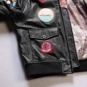 Veste aviateur en cuir de vachette G1 pour homme Offre Spéciale Veste en cuir brodée à col en fourrure d'agneau - Product Image 5